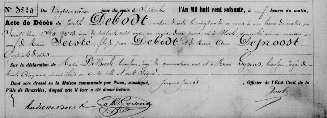 Document de décès de Joseph DE BODT