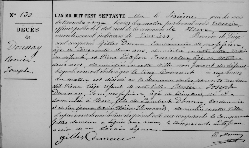 Document de décès de Renier Joseph DONNAY