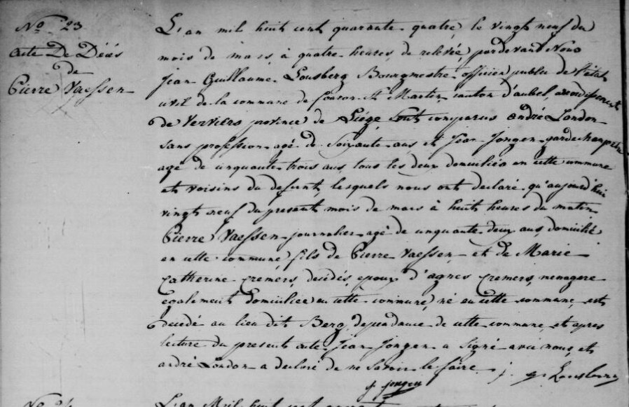 Document de décès de Jean Pierre VAESSEN