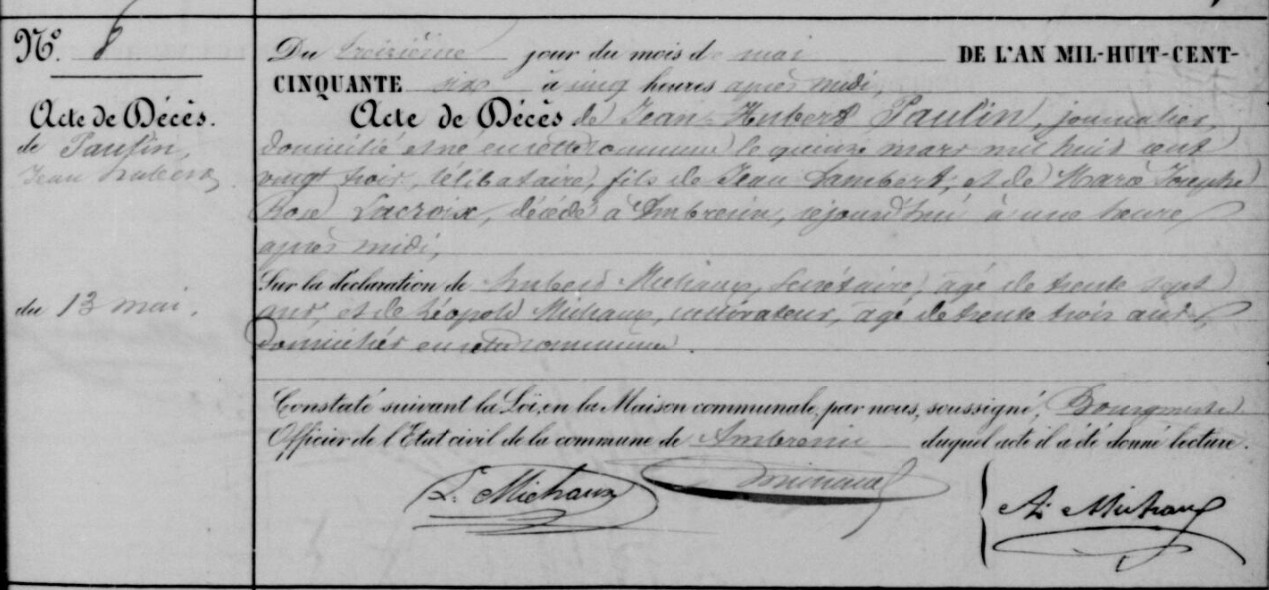 Document de décès de Jean Hubert PAULIN