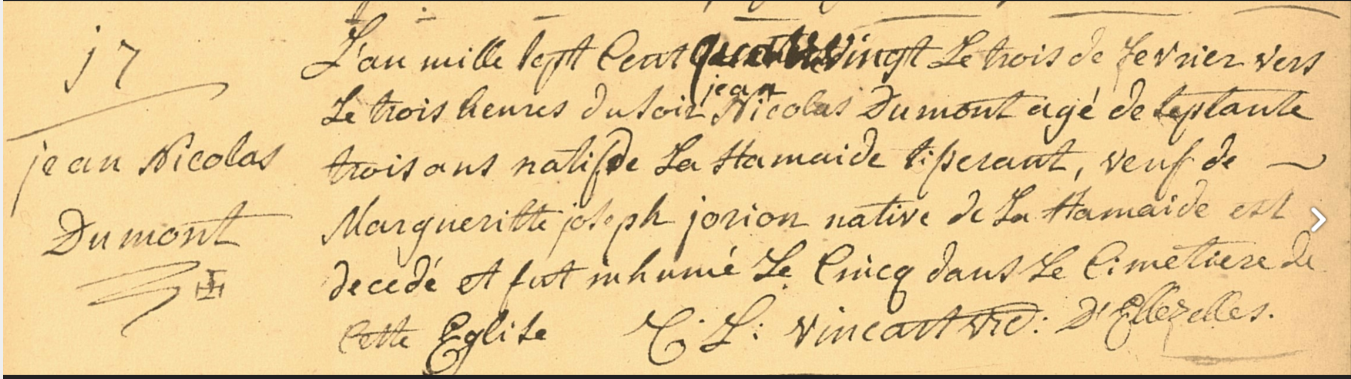 Document de décès de Nicolas DUMONT
