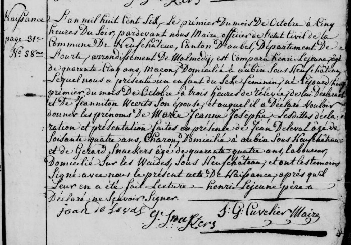 Acte de naissance de Marie Jeanne Joseph LEJEUNE