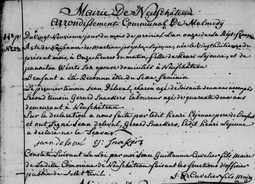 Acte de naissance de Martine Joseph LEJEUNE