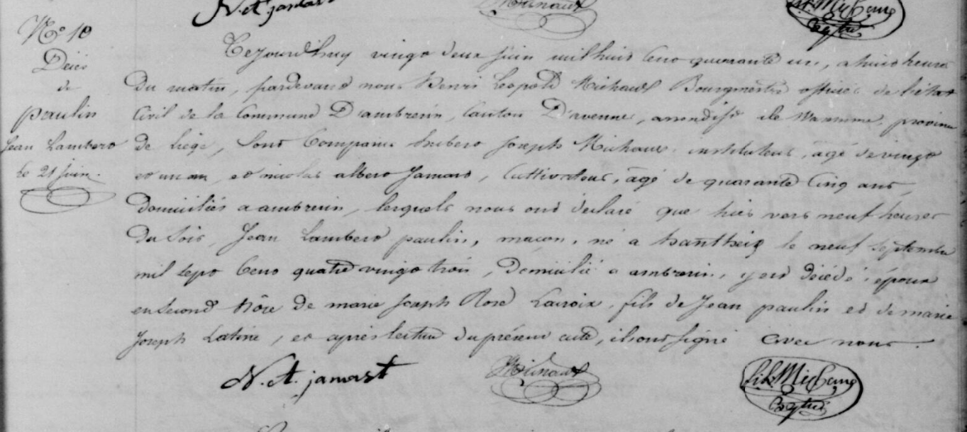 Document de décès de Jean Lambert Joseph PAULIN