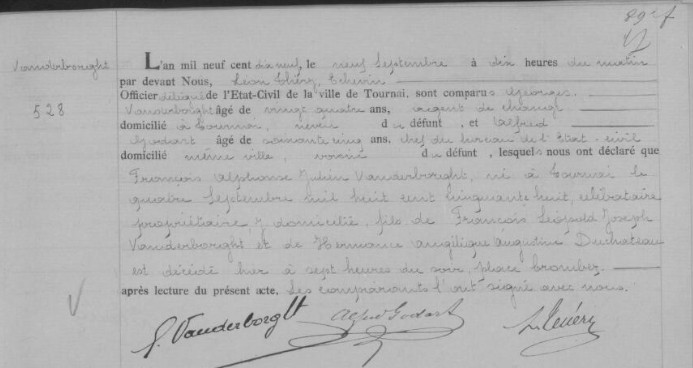 Document de décès de François Alphonse Julien VANDERBORGHT