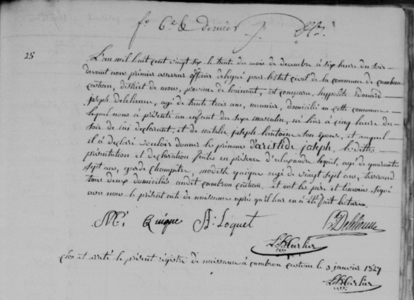 Acte de naissance de Aristide DELELIENNE