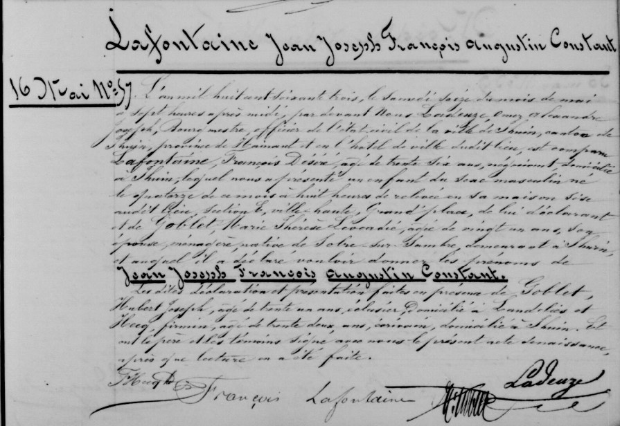 Acte de naissance de Jean Joseph François Augustin Constant LA FONTAINE