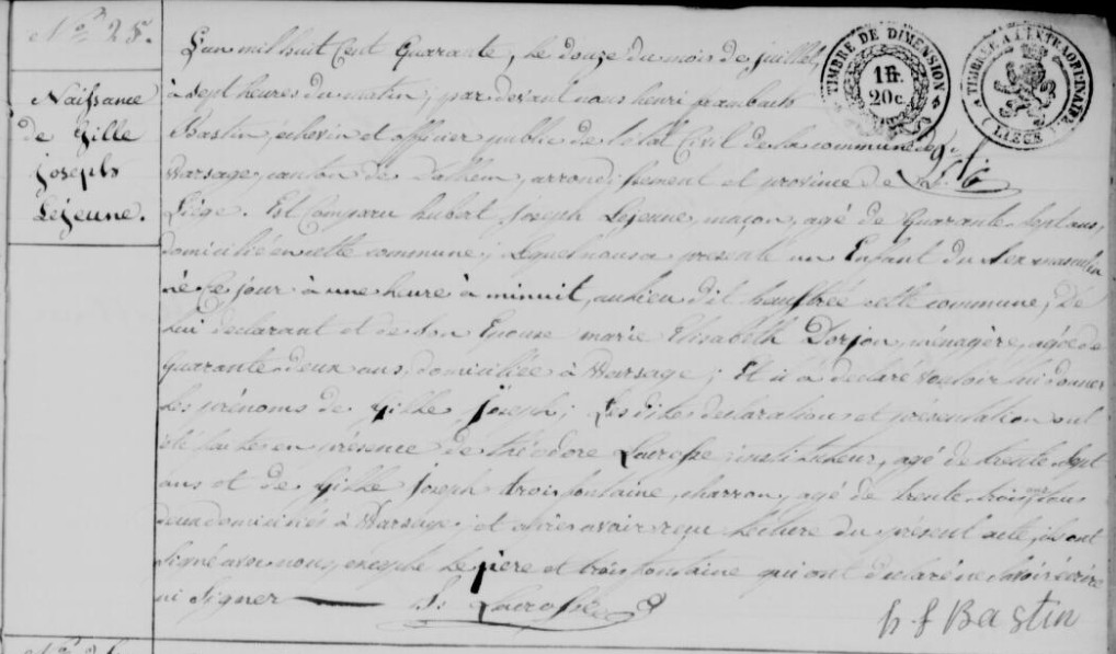Acte de naissance de Gilles Joseph LEJEUNE