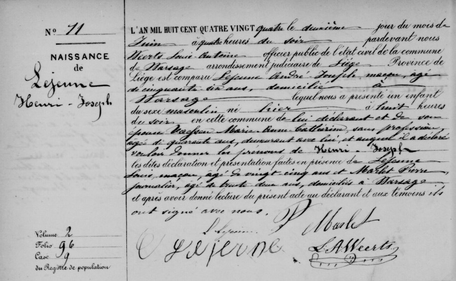 Acte de naissance de Henri Joseph LEJEUNE 