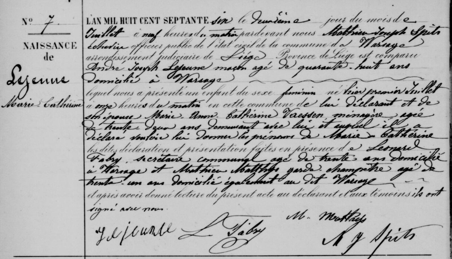 Acte de naissance de Marie Catherine LEJEUNE