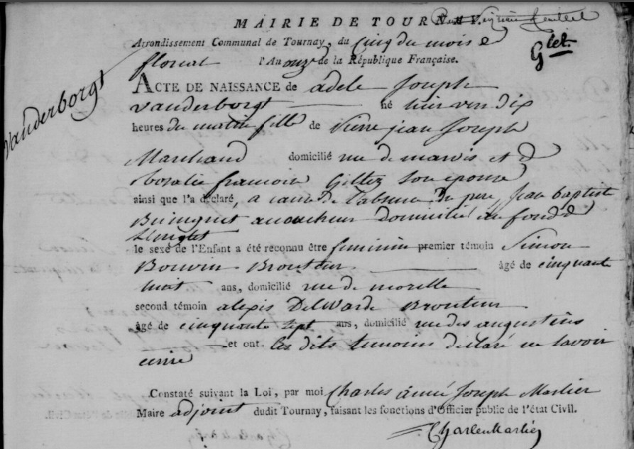 Acte de naissance de Adèle Joseph VANDERBORGHT