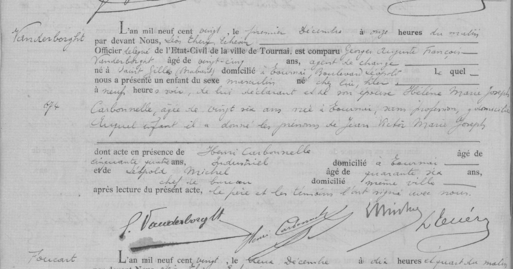 Acte de naissance de Jean Victor Marie Joseph VANDERBORGHT (**)